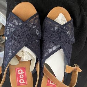 Blue Lace Platform Wedge Sandals.